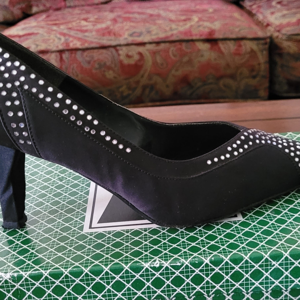J . Renée Black Satin Rhinestone Pumps - Picture 2 of 10